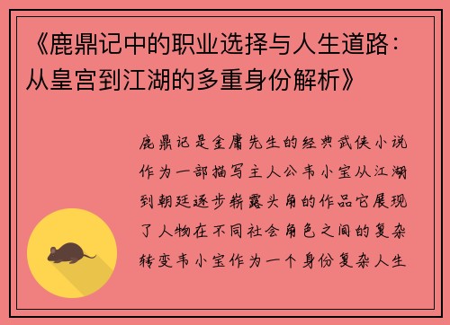 《鹿鼎记中的职业选择与人生道路：从皇宫到江湖的多重身份解析》